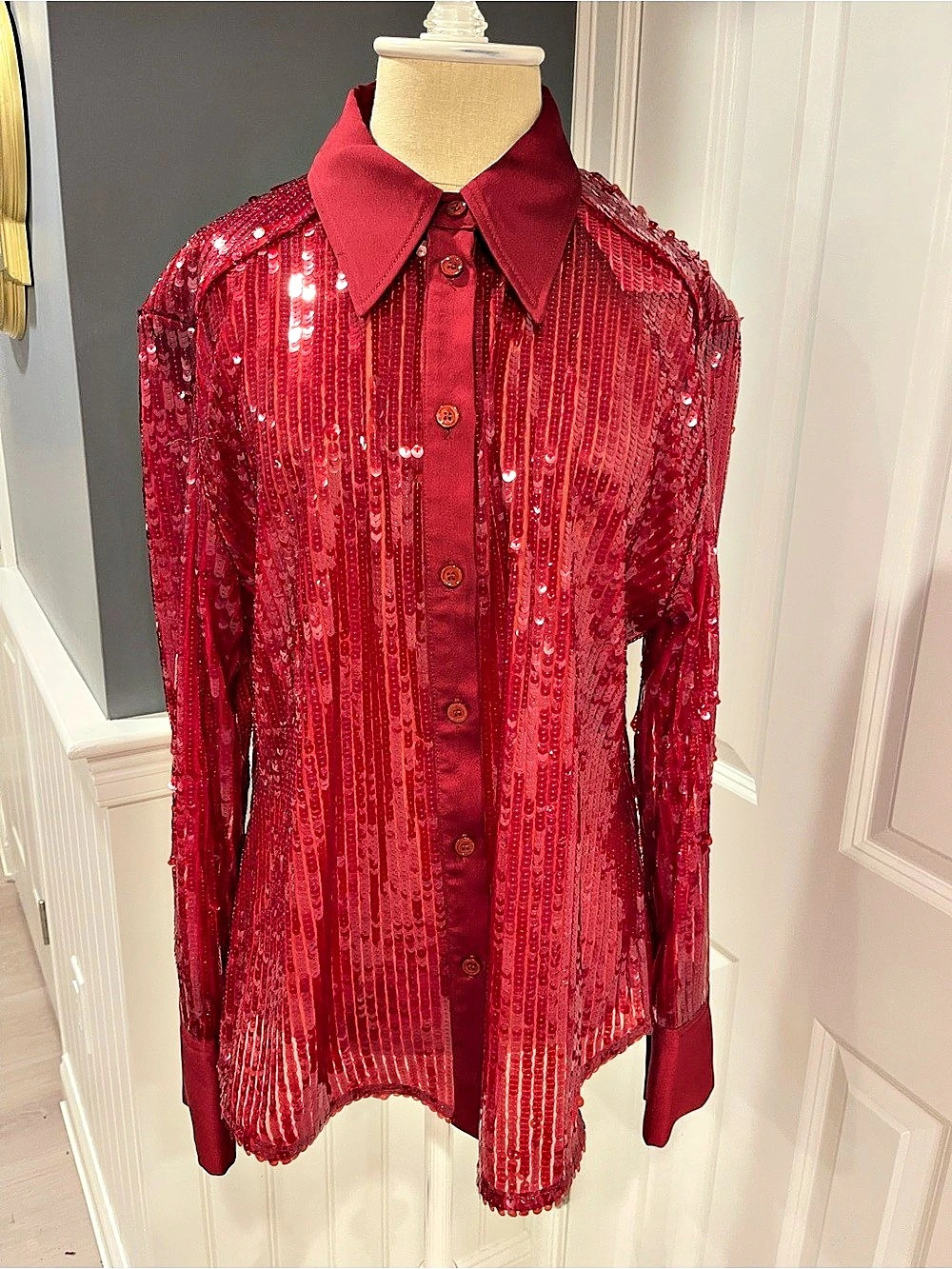 NWT. Zara Sequin Collared Shirt Button Down Red XL